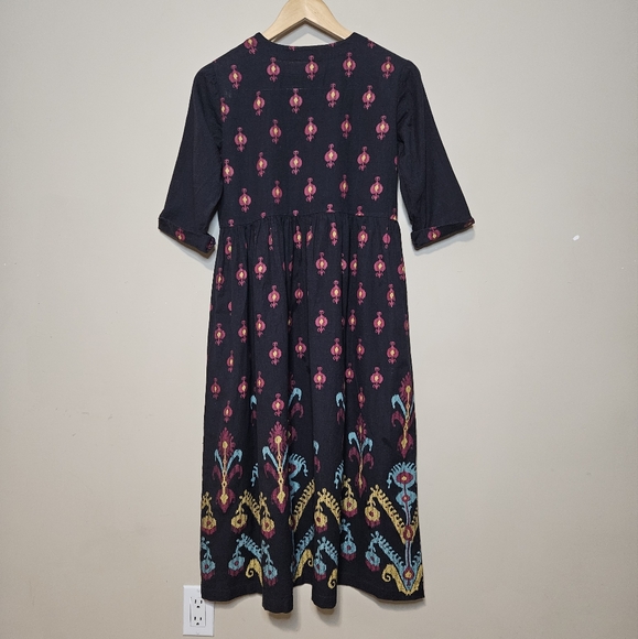 Bombay Paisley Floral Boho Maxi Dress Cotton Linen Navy Blue Button Front S XS - Picture 2 of 7